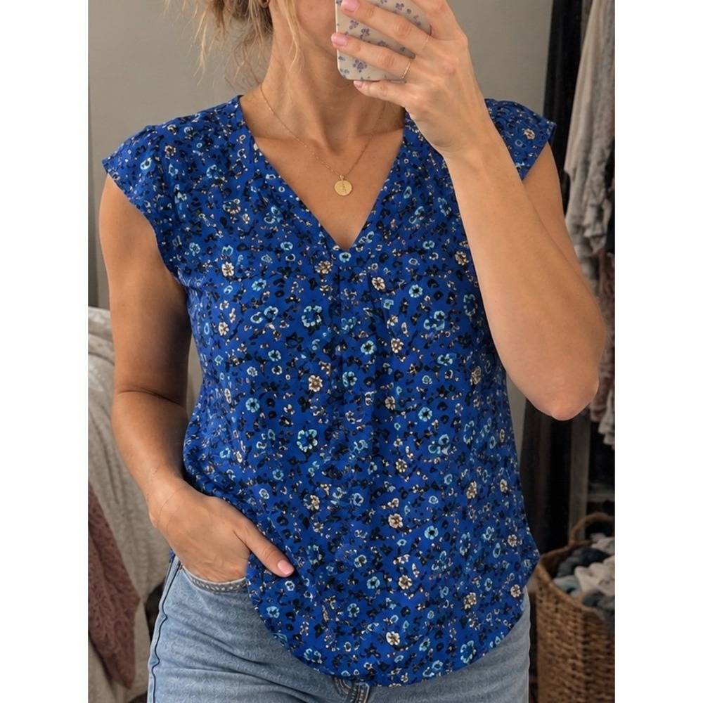 Pleione Floral Blouse Small‎ Blue V Neck Cap Sleeve Popover Boho